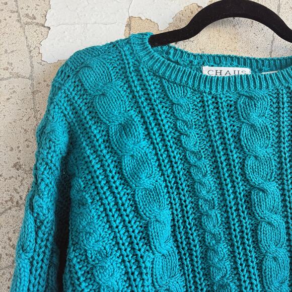 Vtg 80s Sweater Chunky Cable Knit Teal Crew Pullover Womens L Chaus Sport Preppy - Picture 2 of 9